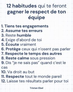 Image du post LinkedIn: 12 habitudes qui te feront gagner le respect de ton équipe Tu n’as pas besoin d’un titre impressionnant