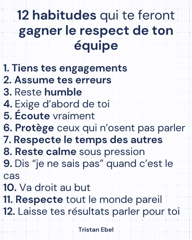 Image du post LinkedIn: 12 habitudes qui te feront gagner le respect de ton équipe Tu n’as pas besoin d’un titre impressionnant