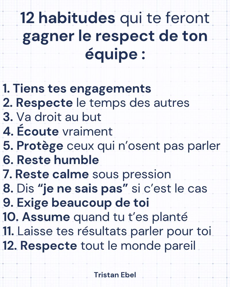 Image du post LinkedIn: 12 habitudes qui te feront gagner le respect de ton équipe Pas besoin d’un grand titre pour être crédible