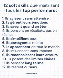 Image du post LinkedIn: 12 soft skills que maîtrisent tous les top performers (Et que chaque CEO devrait développer) Les compétences techniques te font entrer dans la pièce