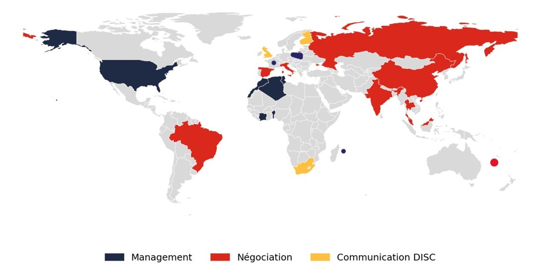 Carte des pays où Le Practice est intervenu — Management (bleu), Négociation (rouge), Communication DISC (jaune)
