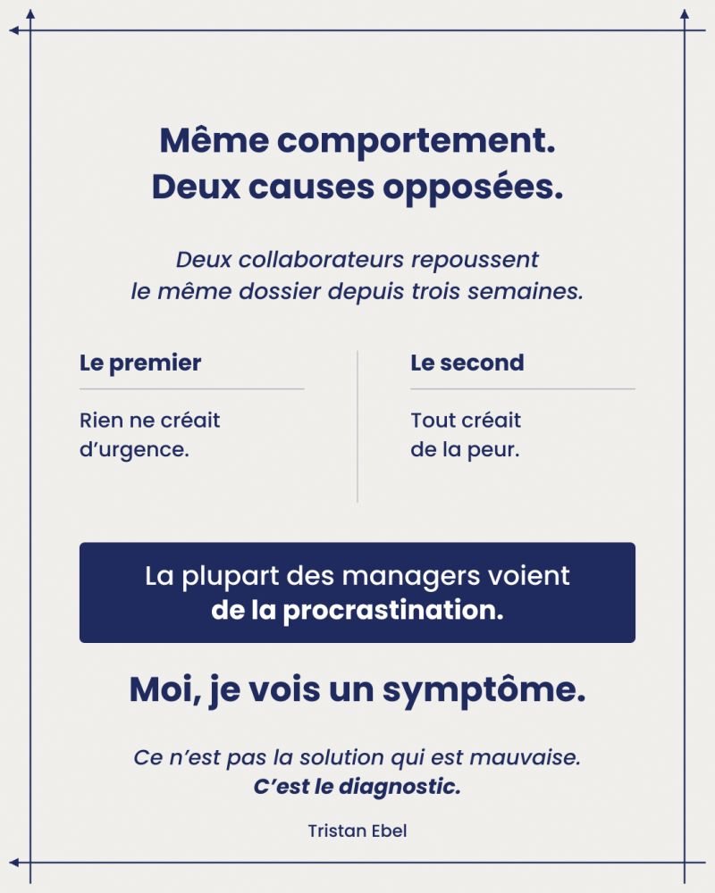 Image du post LinkedIn: Le plus gros problème d'un manager n'est pas le collaborateur qui repousse tout au lendemain C'est qu'il est déjà certain d'en connaître la cause Deux collaborateurs Même comportement Même dossier repoussé depuis trois semaines Le manager applique la même solution aux deux : des points de suivi plus fréquents Le premier s'améliore Le second s'effondre La plupart des managers voient de la procrastination Moi, je vois un symptôme Parce que derrière le même comportement, il y avait deux causes opposées Chez le premier, rien ne créait d'urgence Le cadre était flou, l'échéance lointaine, l'enjeu invisible Le suivi rapproché lui a donné exactement ce qui lui manquait Chez le second, tout créait de la peur Chaque point de suivi supplémentaire a augmenté la pression Et plus la pression montait, moins il osait livrer Même comportement Même solution Deux résultats opposés Ce manager n'a pas manqué de méthode Il a manqué de doute avant de l'appliquer 👉 Ce n'est pas la solution qui était mauvaise C'est le diagnostic Les managers que j'entraîne apprennent à se poser quatre questions avant de décider Est-ce qu'il manque d'urgence… ou cherche-t-il la perfection ?