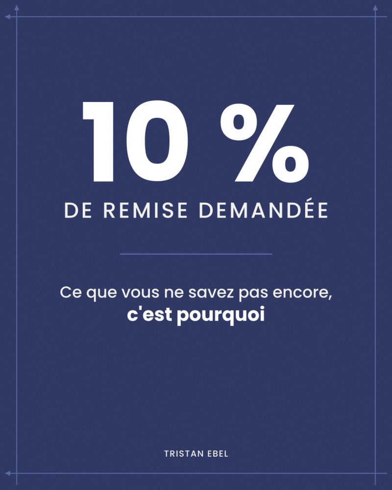 Image du post LinkedIn: Un client demande 10 % de remise Ce que vous ne savez pas encore, c'est pourquoi Le réflexe, c'est de répondre tout de suite Un chiffre, une justification, un contre-argument Sauf que la même phrase peut recouvrir quatre réalités différentes Il n'a pas le budget Il a une offre concurrente en face Il teste, pour voir s'il peut obtenir mieux Le sujet est déjà le rapport de force pour la suite de la relation Quatre demandes identiques en apparence Quatre problèmes différents Et donc quatre réponses différentes Répondre avant de savoir laquelle, c'est choisir une réponse avant d'avoir identifié le problème La première réaction ne devrait pas être un chiffre Elle devrait être une question Comprendre à quoi on répond, avant de décider comment y répondre Une demande de remise n'est pas encore un problème de prix C'est un problème à diagnostiquer 🔁 Partagez ce post à un commercial qui veut mieux diagnostiquer avant de répondre Suivez-moi, Tristan Ebel : je démonte les idées reçues du management et de la négociation par le terrain, le diagnostic comportemental et l'entraînement