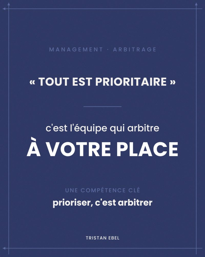 Image du post LinkedIn: Donner plusieurs urgences sans les hiérarchiser, ce n'est pas prioriser C'est transférer l'arbitrage à l'équipe Un manager arrive avec trois dossiers Tous les trois « urgents » Tous les trois « prioritaires » Il pense avoir donné le cap En réalité, il a déplacé la décision Parce que quelqu'un devra bien choisir par quoi commencer Et si le manager ne l'a pas fait, c'est l'équipe qui le fera À sa place, sans toujours avoir ni le recul ni la légitimité pour le faire Prioriser, ce n'est pas empiler des urgences C'est choisir entre elles Et une priorité n'est vraiment posée que quand on dit aussi ce qui passe après C'est la partie difficile Dire ce qui attend, ce qui est reporté, ce qu'on assume de ne pas faire maintenant C'est une compétence managériale à part entière : arbitrer, et expliquer ses arbitrages Donner des objectifs est une chose Savoir arbitrer entre des priorités qui se contredisent en est une autre 🔁 Partagez ce post à un dirigeant qui veut des managers capables d'arbitrer Suivez-moi, Tristan Ebel : je démonte les idées reçues du management et de la négociation par le terrain, le diagnostic comportemental et l'entraînement